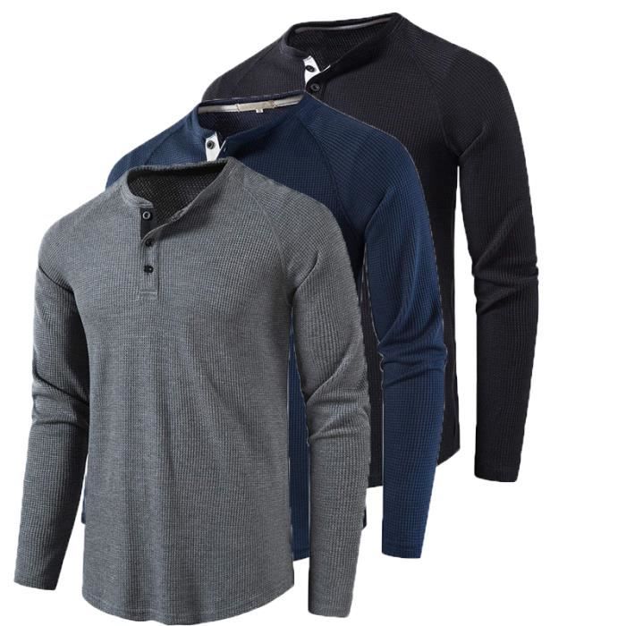 T-Shirt Homme, Lot de 3, Henley Tee Shirt, Col Arrondi Manche longue T Shirt,Chemise Henley Homme Boutons