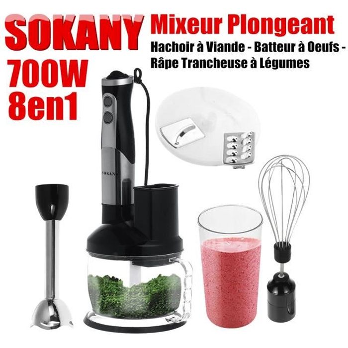 SOKANY Mixeur Plongeant 8en1 700W Hachoir à Viande Batteur Oeufs Râpe Trancheuse Mélangeur Electrique Fouet NOEL Anniversaire Party