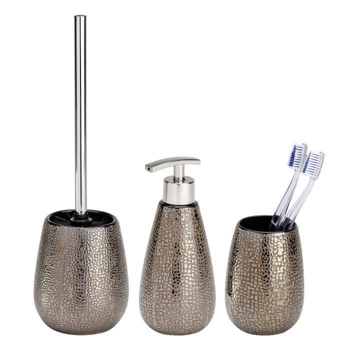 WENKO Set Accessoires Salle de Bain Marrakesh, Porte Brosse à Dent, Distributeur Savon Liquide, Brosse WC, Céramique, Marron