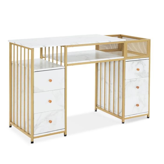 M MCombo 2425WG Coiffeuse 6 tiroirs bois structure métallique table manucure marbre blanc-doré