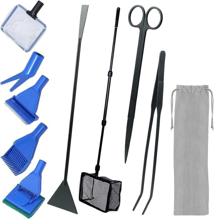 Meilleurs prix pour Kit de Nettoyeur Aquarium 9 en 1, Kit D'outils D'aquarium en Acier Inoxydable, Râteau, Ciseax, Grattoir à Algues, Brosse Éponge
