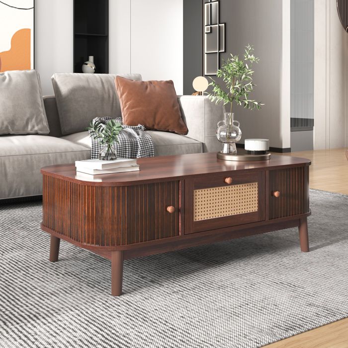 Table basse salon tiroir avec garniture en rotin et porte coulissante Pieds bois massif Style rustique naturel 110x55x38.5cm Noyer