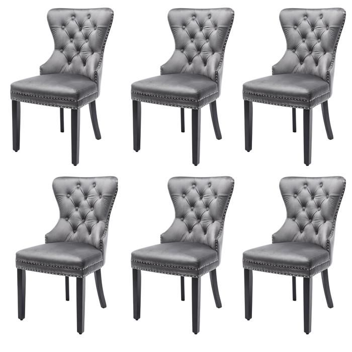 Lot de 6 Chaises Capitonnées en Velours - Style Classique & Design - Pieds en Bois Chaises de Salle à Manger Salon Gris