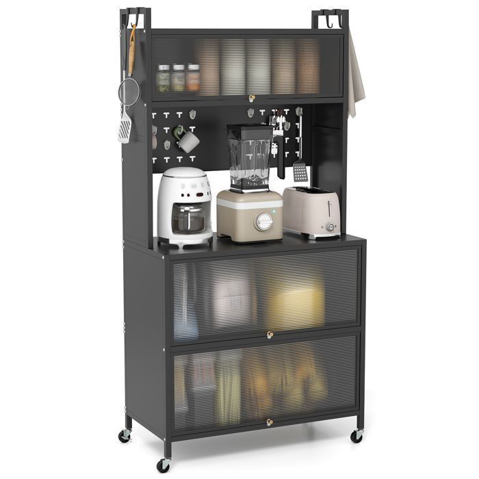 Buffet de Cuisine à 5 Niveaux COSTWAY Support Micro-ondes à Roues avec Portes Crochets Pieds Ajustables Noir