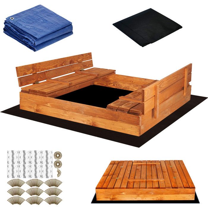 Bac à Sable 150x150cm Avec Bancs Et Couvercle - Bois Imprégné FSC - Kit Bâche De Protection - Enfants