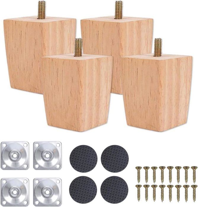 Pieds de meubles en bois massif (6cm) avec plaque de montage/vis, inclinés/coniques, remplacement pour canapé, table, lit, armoire, chaises