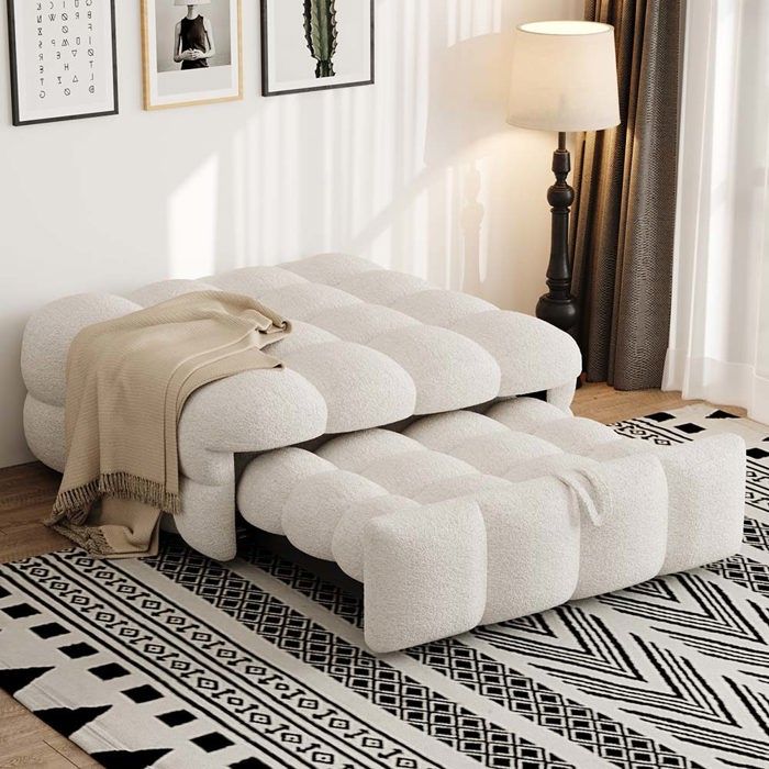 Canape Convertible Lit 2 en 1 Pouf tissu teddy moelleux Beige Canape Convertible Lit 2 en 1 Pouf tissu teddy moelleux Beige