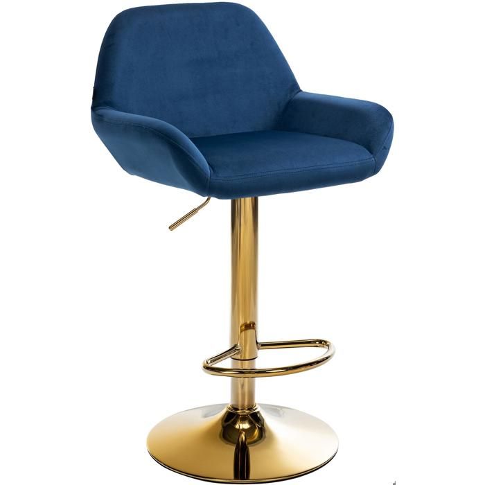 Tabouret de bar x1 avec repose pieds et accoudoirs en velours bleu pietement en trompette metal dore 10_0006493 Tabouret de bar x1 avec repose pieds et accoudoirs en velours bleu pietement en trompette metal dore 10_0006493