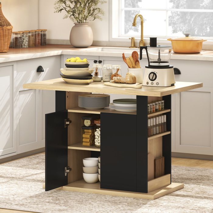 Table à manger ilot central cuisine avec grand plan de travail 4-6 personnes placard 4 portes 110 x 70 x 755 cm noir