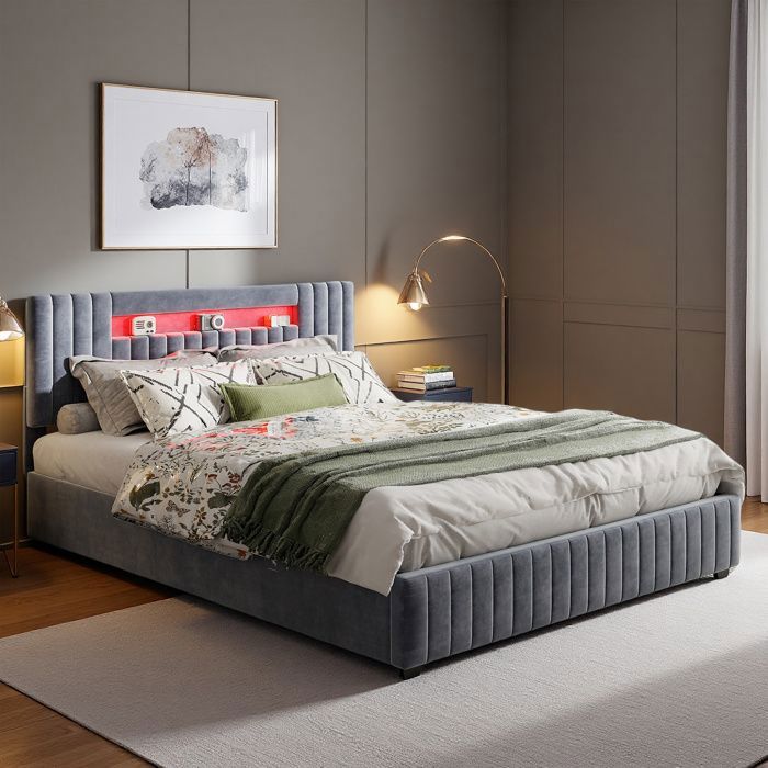 Lit coffre - 140x190 cm - LED RVB réglable - Sommier à lattes (12) - Velours gris
