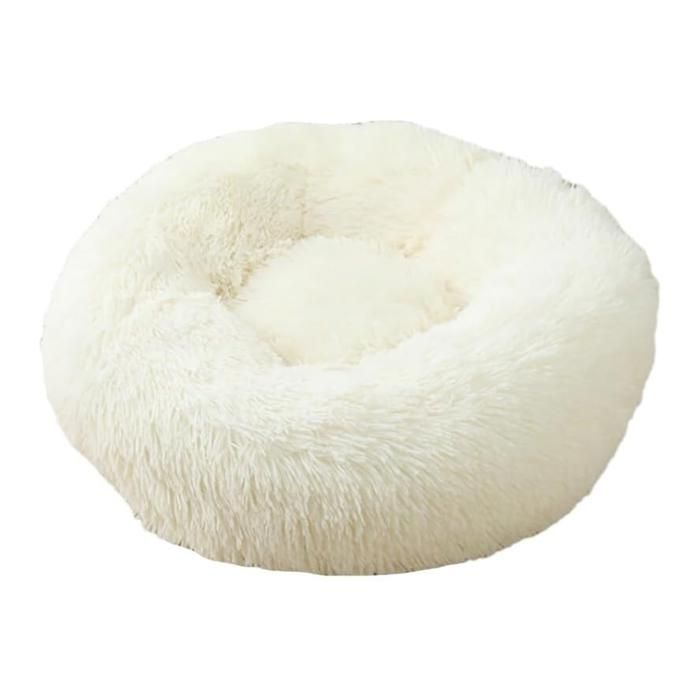 Meilleurs prix pour Lit Rond Donut Pour Chien Chat En Peluche Apaisant Comfy Tapis Couchage Panier Blanc 40cm