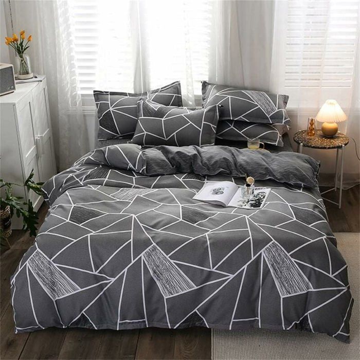 Housse de couette (parure) - PZCC - 220x240 cm - Microfibre polyester - Motif géométrique gris - 4 pièces