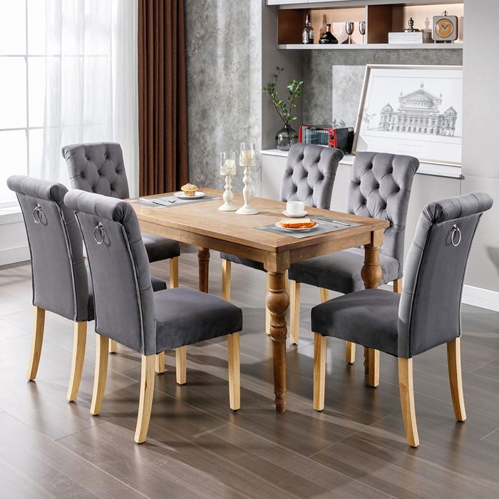 Lot de 6 Chaises de Salle à Manger - Haut Dossier - Assise Rembourrées - Pieds en Bois Chêne - Velours - Gris