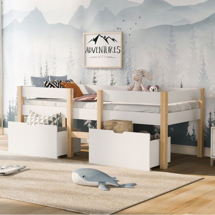 Lit enfant mi-hauteur EVRYAE 90 x 190 cm avec 2 tiroirs et protection antichute en pin massif blanc et decor chene