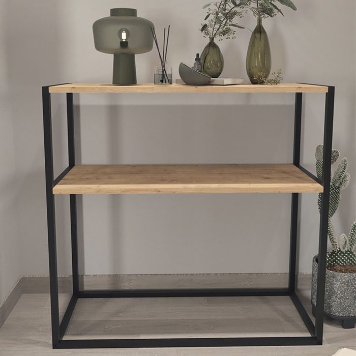 Console dentrée avec étagères couleur Chêne et structure en acier noir - Longueur 90 x Hauteur 90 x Profondeur 34 cm Console dentrée avec étagères couleur Chêne et structure en acier noir - Longueur 90 x Hauteur 90 x Profondeur 34 cm