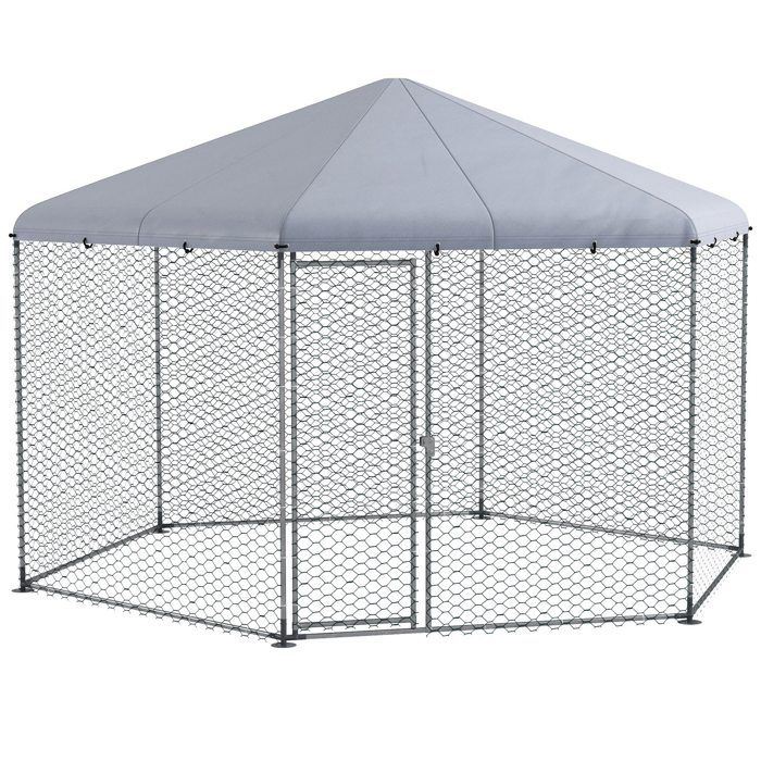 Enclos poulailler - chenil volière - PawHut - hexagonal extérieur 10 m² 10-15 poules - acier galvanisé - 400x346x263cm - argenté