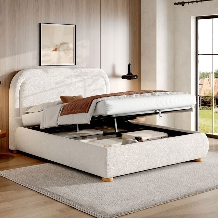 Lit Coffre Capitonné 160x200 cm en Tissu Bouclé Blanc Lit Double avec Sommier Relevable et Rangement