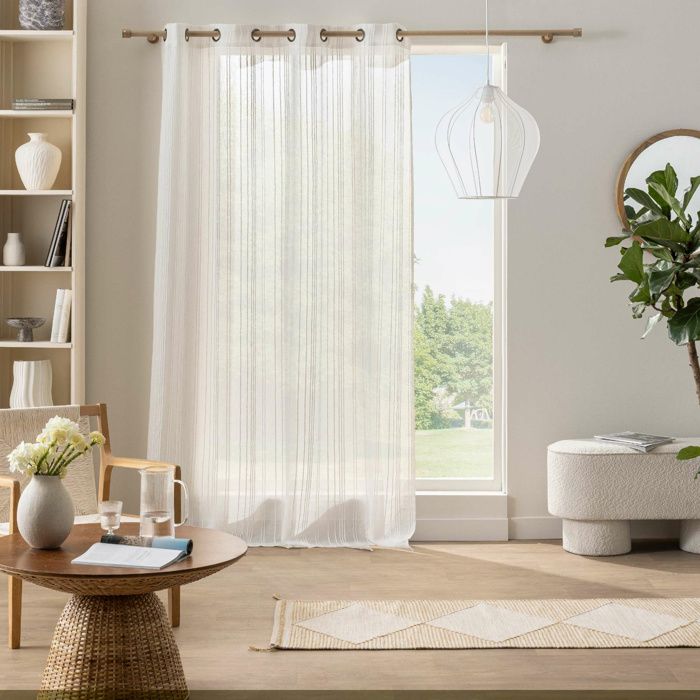 Voilage Zaho 140 x 260 cm blanc — voile tissé crash à œillets rayures verticales