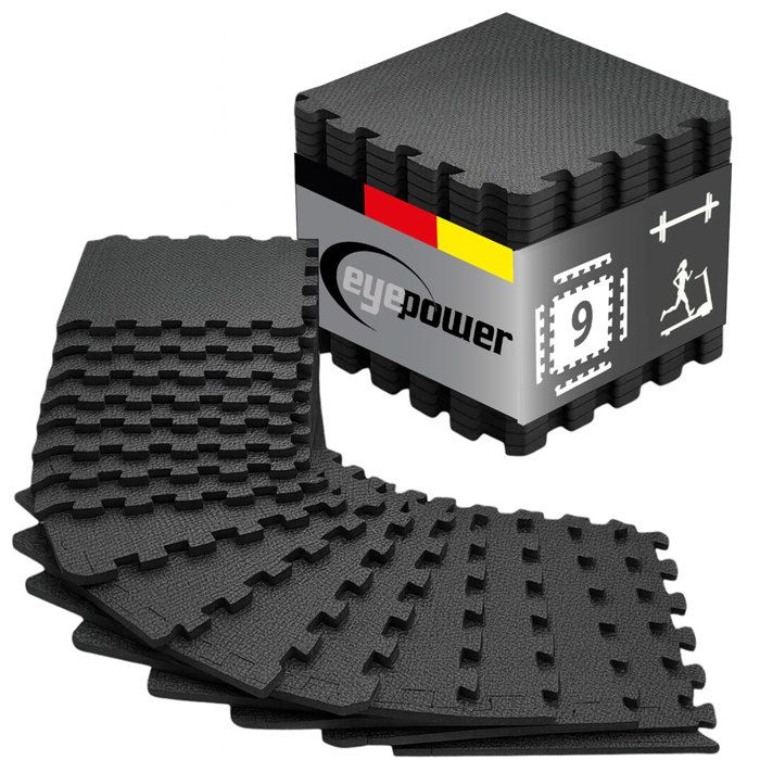 9 Dalles Puzzle Protection Sol Fitness avec Bordures - eyepower - 30x30 cm Noir - Tapis Sol Sport Home Gym 9 Dalles Puzzle Protection Sol Fitness avec Bordures - eyepower - 30x30 cm Noir - Tapis Sol Sport Home Gym