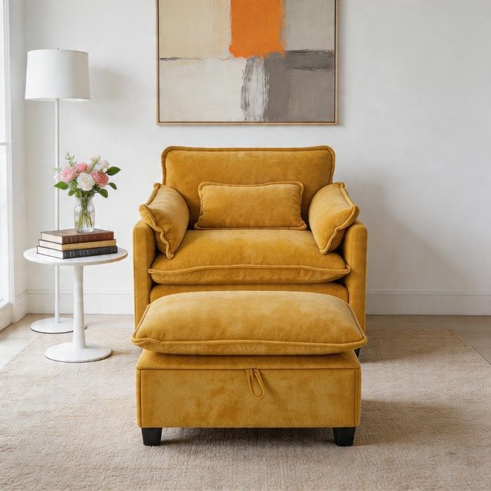 Fauteuil individuel - W3056P316433 - Chenille jaune - Pouf 2-en-1 avec rangement - Dossier et accoudoirs confortables