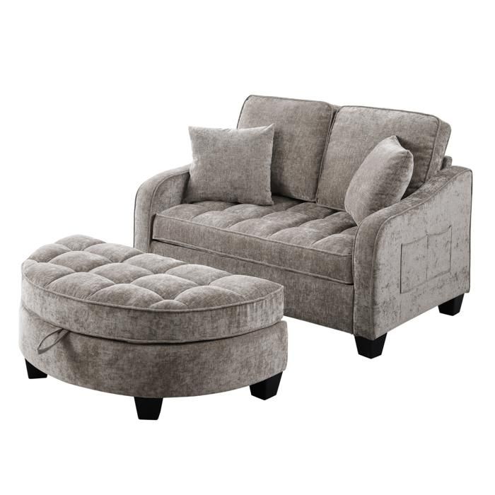 VLIVRA Canapé convertible 2 places avec pouf de rangement et fonction lit en tissu et bois d’eucalyptus marron 132 × 129 × 93 cm