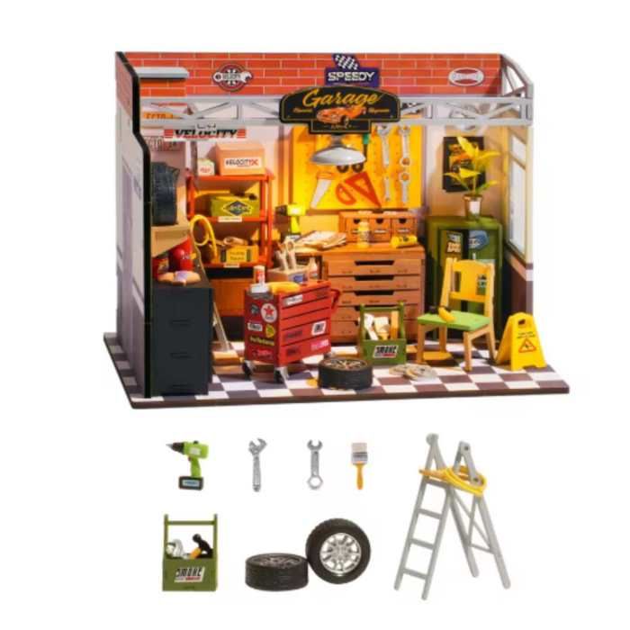 Atelier mécanique miniature DIY en bois puzzle 3D 157 pièces avec LED