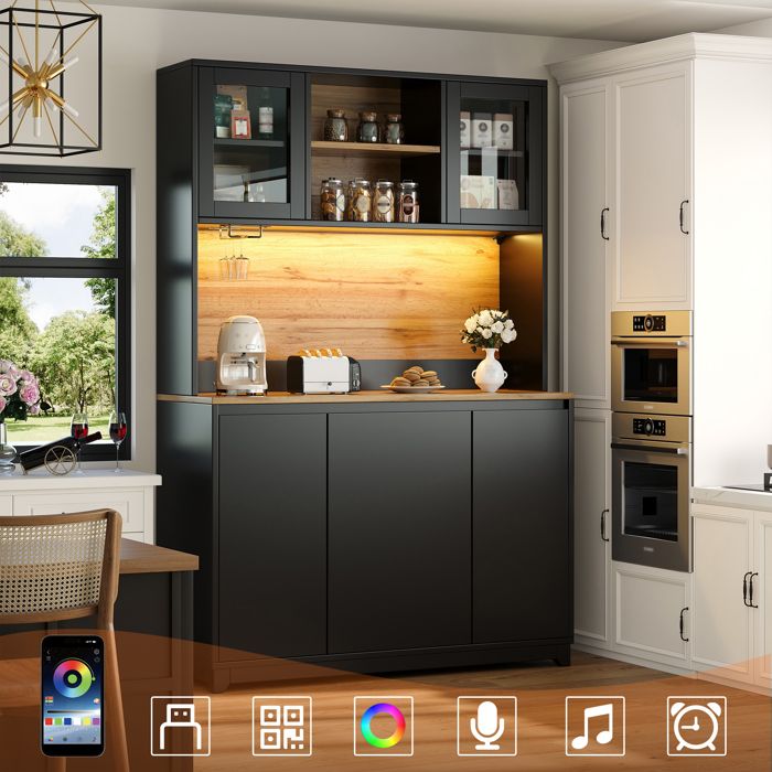 Buffet en bois haut avec éclairage LED 120 × 40 × 180 cm Buffet de cuisine avec portes en acrylique etPorte-gobelet Noir