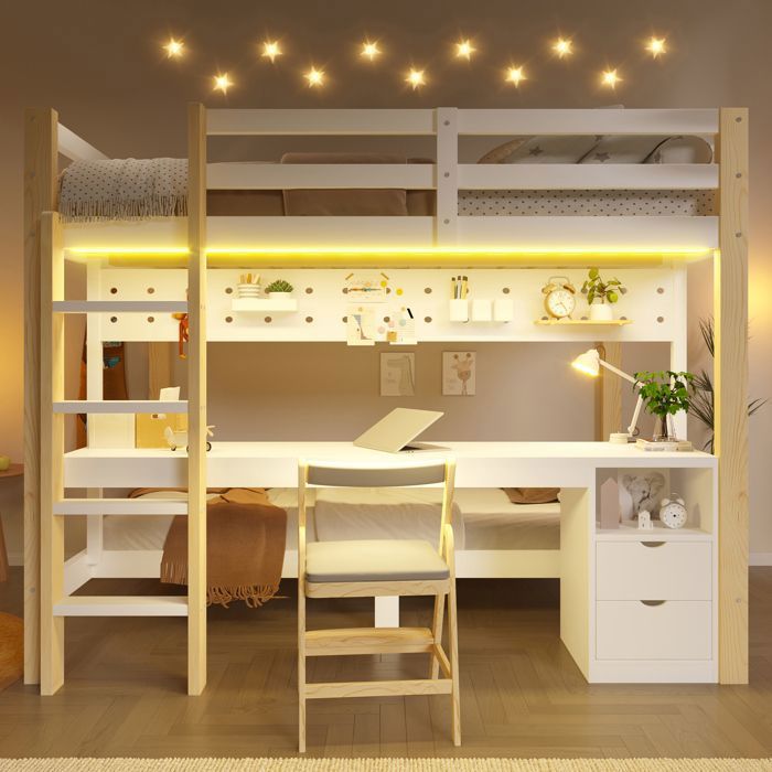Lit superposé pour enfant 90 x 200 cm+140 x 200 cm lit double en pin avec tiroirs et bureau étagère murale bande lumineuse LED