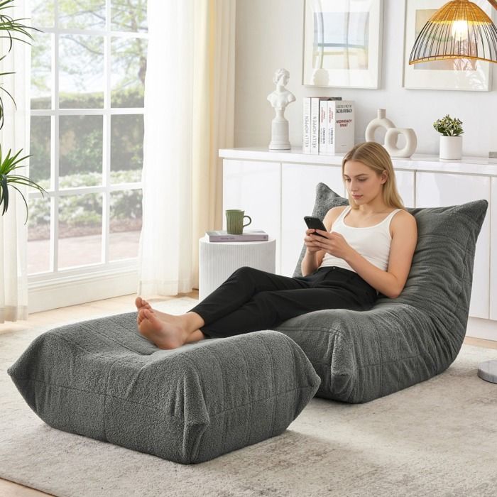 Fauteuil de Sol Teddy Bouclé avec Repose-Pieds Pouf de Lecture Confortable Canapé de Sol Individuel pour Salon et Chambre Gris