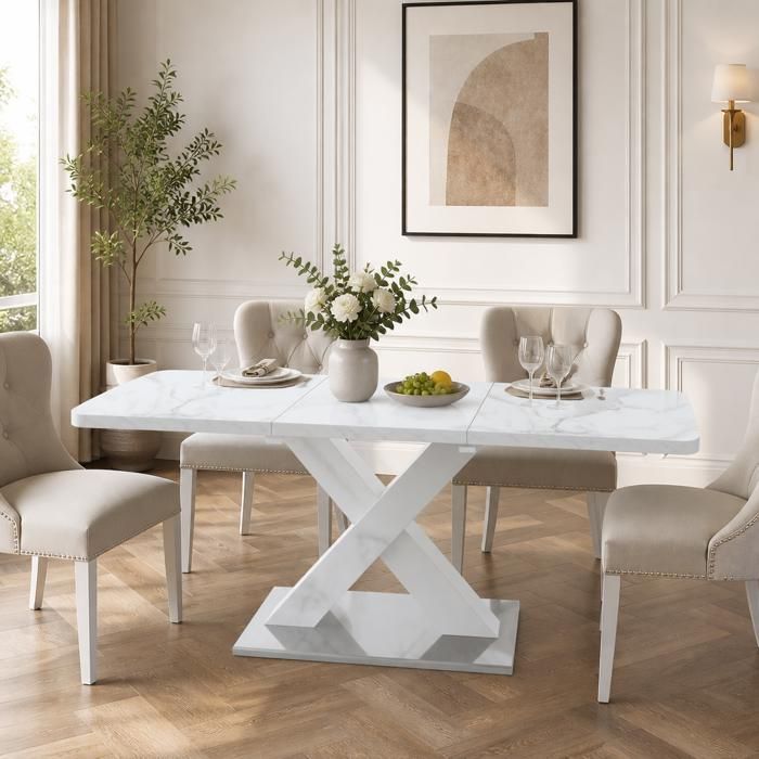 Table à manger rectangulaire - Zephmum - extensible 120-160 cm marbre blanc pieds X MDF métal