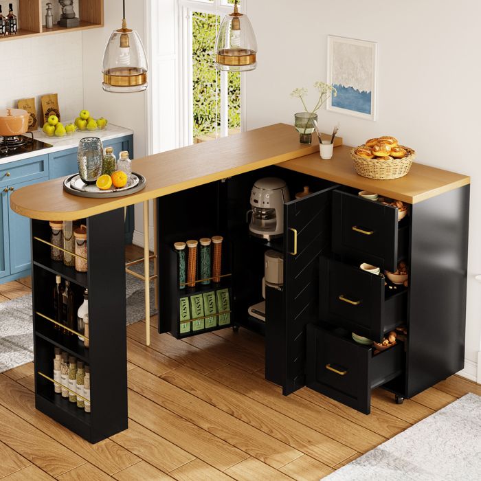 Meuble bar Extensible à Roulettes 2 Portes 3 Tiroirs et Rangement - MEUNIQ - Cuisine Salon MDF et métal Noir 135×39×104 cm