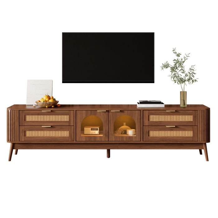 Meuble TV Bois en Rotin avec LED 2 Portes et 4 Tiroir Banc Télé Table de Salon pour Téléviseurs de 80 Pouces 180x40x50cm Noyer