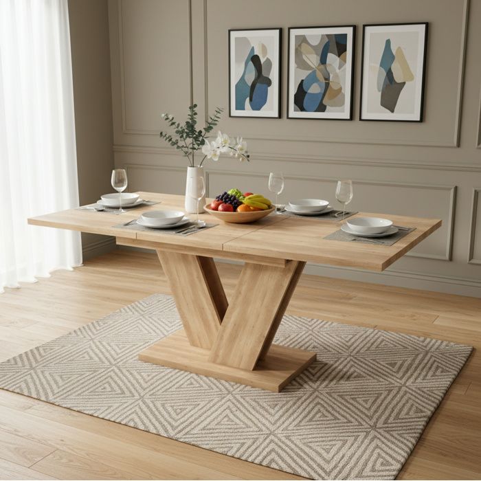 WOVREO Table à manger extensible rectangulaire 140-180 cm 4 à 8 personnes MDF aspect chêne pieds en V