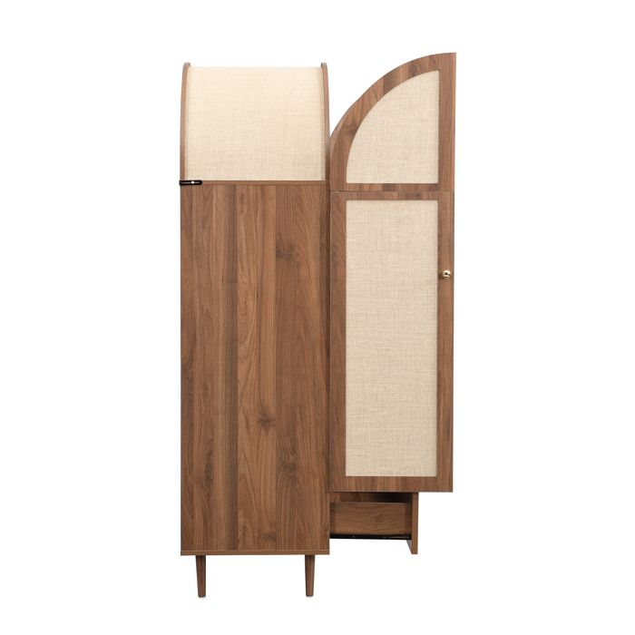 Armoire de chambre 2 portes avec tiroir 79 x 50 x 175 cm en MDF décor noyer et portes habillées de tissu
