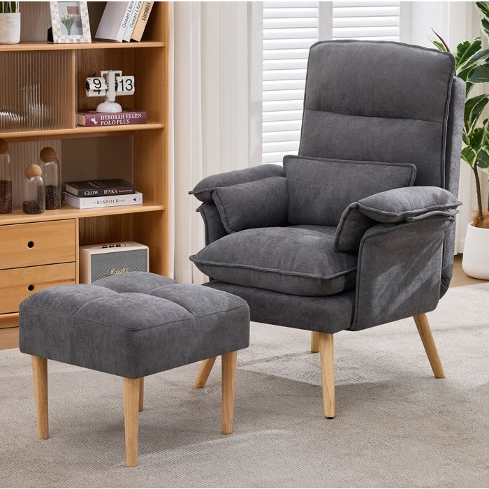 Fauteuil Relax En Tissu Gris 1 Place Siege Inclinable FloraGrace Pour Salon Ou Lecture Avec Repose-Pieds 85x785x112cm
