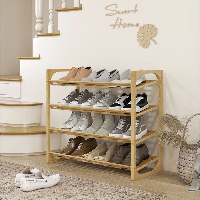 Meuble à chaussures bambou 4 étagères 12 paires 76 x 33 x 67 cm rangement entrée naturel montage requis FOLYNA