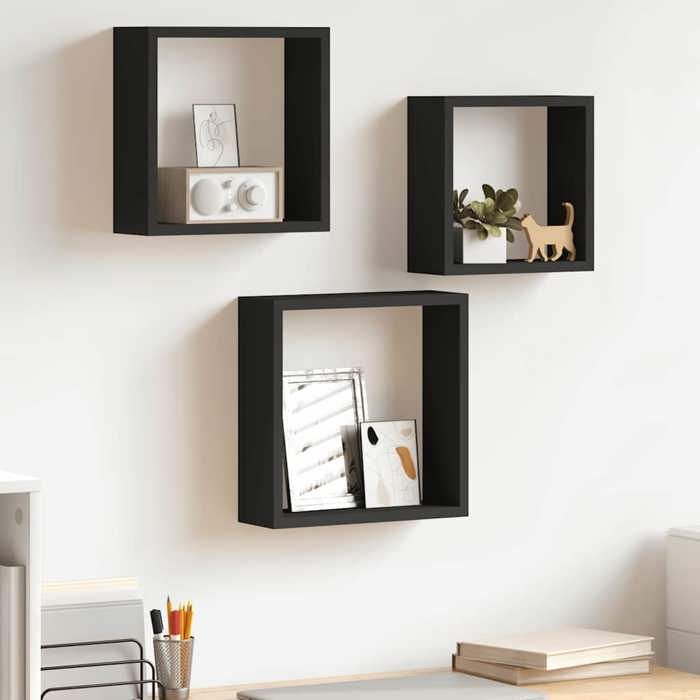 vidaXL Lot de 3 étagères cube murales coloris noir en MDF avec fixation invisible pour livres et déco