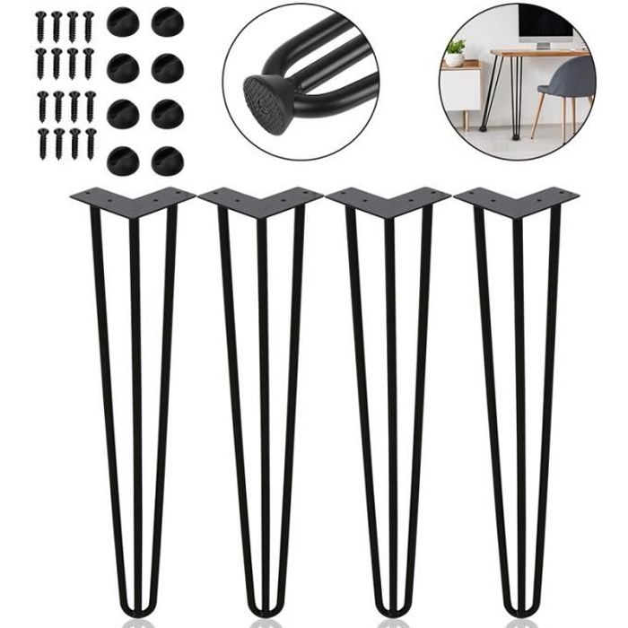 Kit De 4 Pieds De Table En Métal Style épingle à Cheveux Noir - 28 Pouces Avec Vis Et Protecteurs