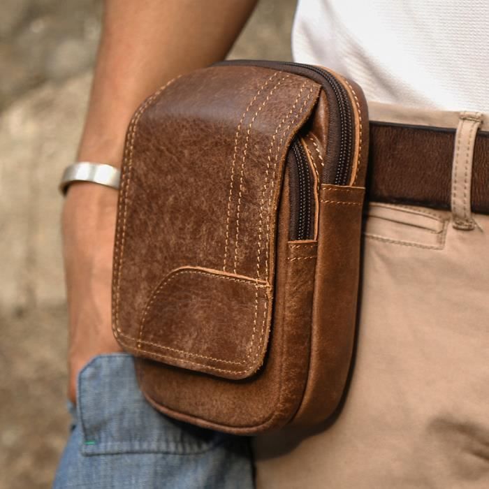 Petit Sac Banane Ceinture Homme En Simili Cuir Marron - Pour Téléphone, Clés, CB - Neuf Avec étiquettes