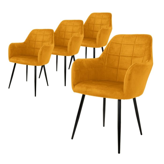 ECD Germany Set de 4x Chaises de Salle à Manger Ocre Style Moderne/Retro Dossier et Accoudoirs Rembourrée Aspect Velours Pieds en ECD Germany Set de 4x Chaises de Salle à Manger Ocre Style Moderne/Retro Dossier et Accoudoirs Rembourrée Aspect Velours Pieds en