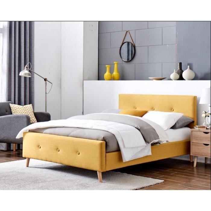 Lit Tissu Capitonné Ancien Lit Scandinave En Tissu Capitonne Jaune Greg 140x190 Cm Achat