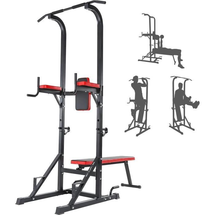 HOMCOM Banc de musculation Fitness pliable entrainement complet poignées à  dips racks poids support haltères réglable acier gris noir pas cher 