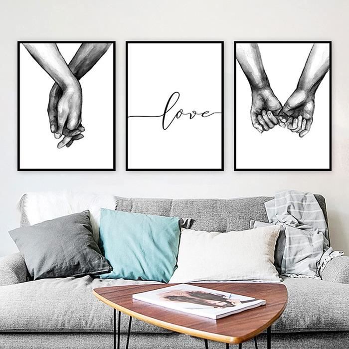Set De 3 Affiches Amour Noir Et Blanc - Main Dans La Main - Déco Murale Salon Ou Chambre