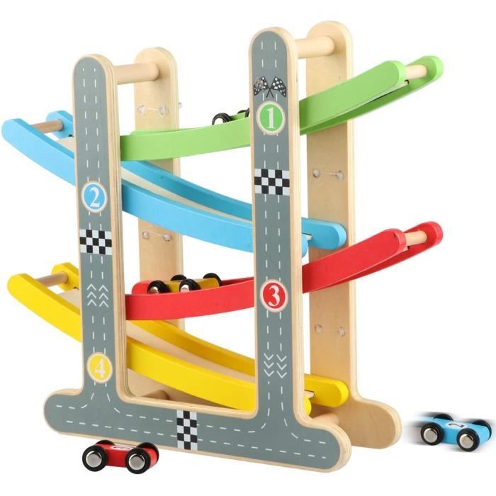 Voiture Rampe Course en Bois Jouets d'éveil avec 4 Véhicules Miniatures Cadeau Educatif et