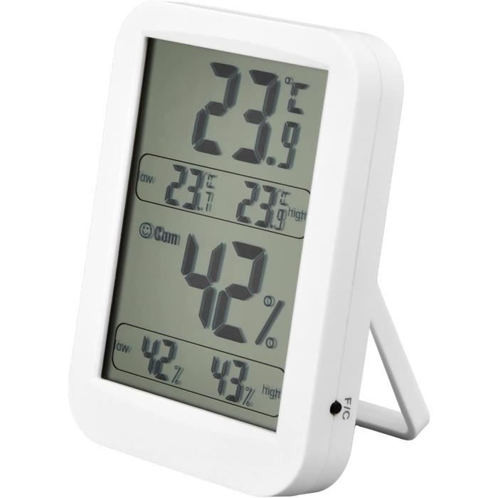 Hygromètre Thermomètre d'intérieur, grand écran LCD, moniteur de température et d'humidité avec réveil, prévisions météo pour la maison et le bureau