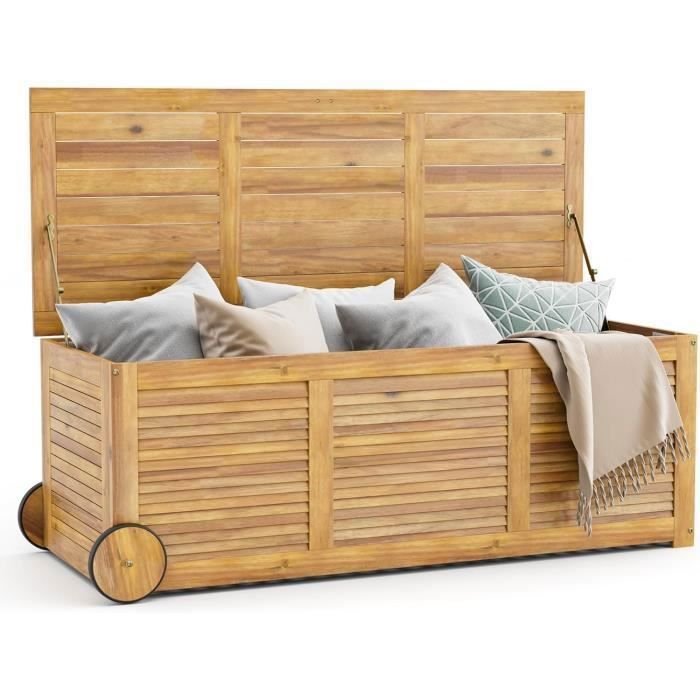 COSTWAY Coffre de Rangement 182L en Bois d Acacia Charnière en Métal Banc de Rangement à Roulettes Extérieur pour Jardin Patio