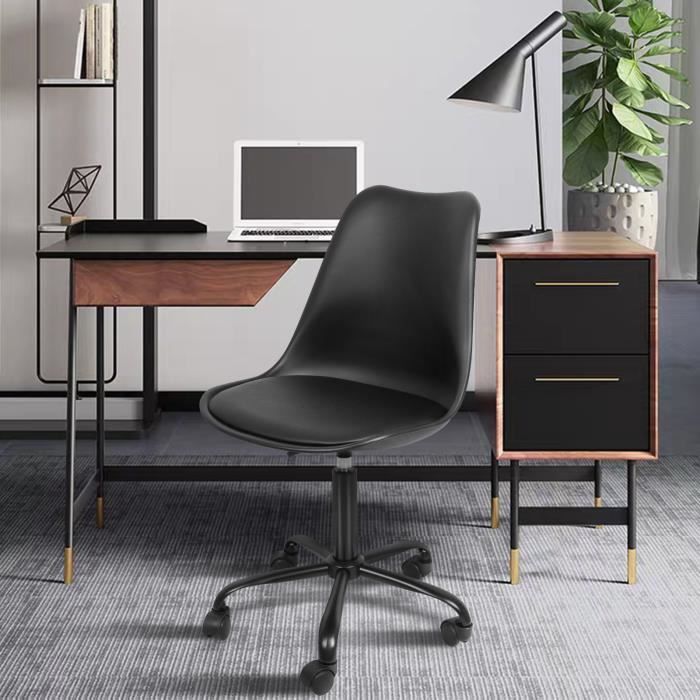 HOMEWELL. CHAISE DE BUREAU SCANDINAVE NOIRE À ROULETTES ET HAUTEUR RÉGLABLE ET PIED MÉTAL LAQUÉ NOIR.