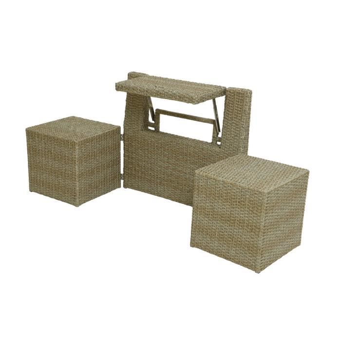 ensemble de balcon table et pouf ou banc naturel java - jardideco 90/180 x 54,5 x 80 cm