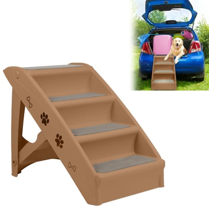 Meilleurs prix pour LILIIN Escalier pour Chiens-Chats Pliant 4 Marches en Plastique 50 cm de hauteur Feutre Doux et Patins Antidérapants, Marron