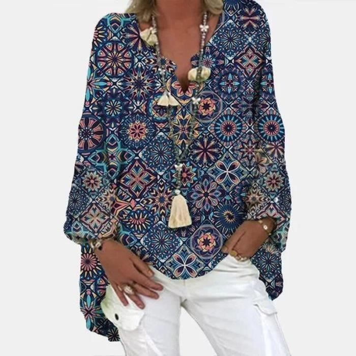 Blouse femme Chemisier Vintage imprime Floral a manches longues Streetwear grande taille mode printemps col en Type 01 Blue Blanc Cdiscount Pret a Porter